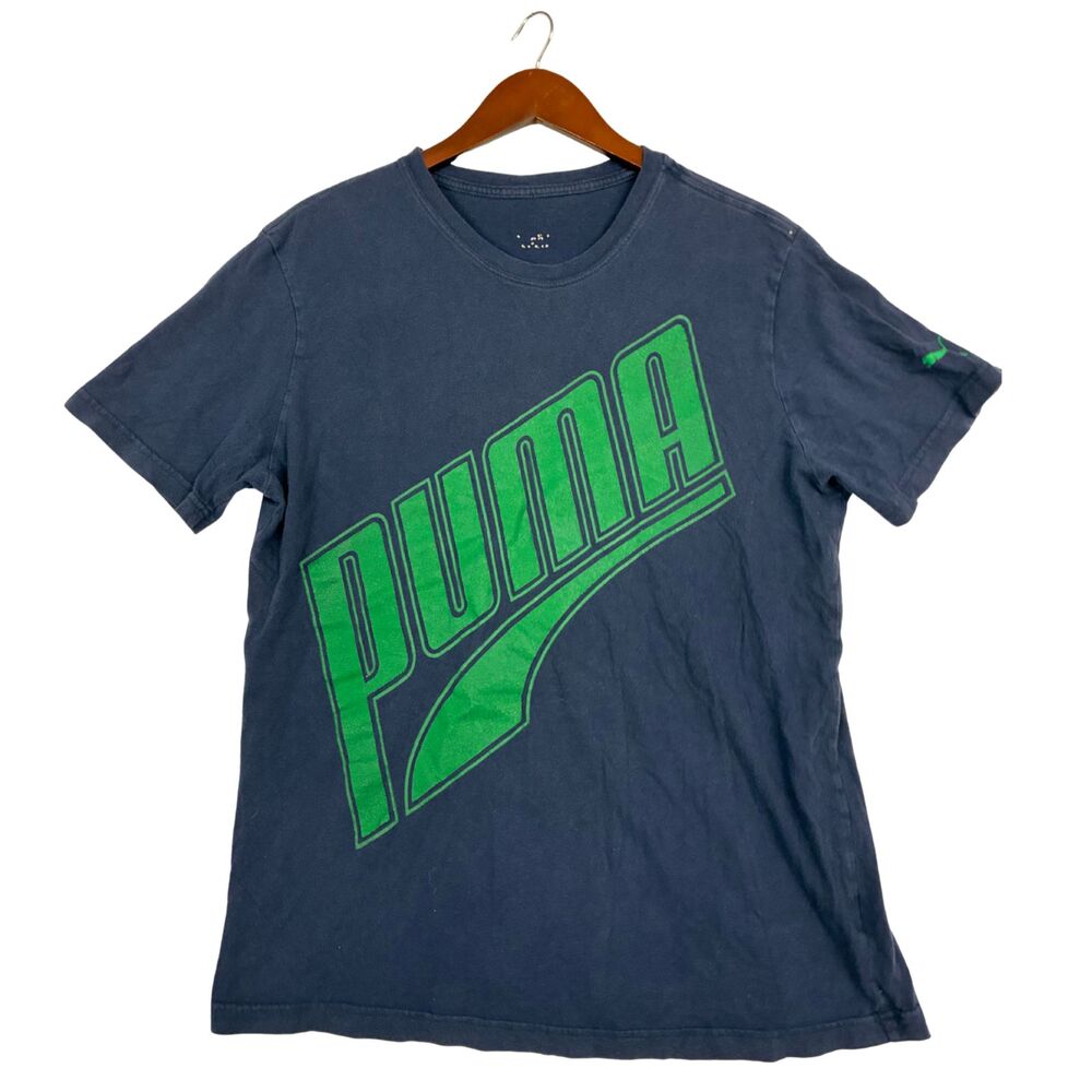 Puma Big Logo Graphic T Shirt Mens Blue Green Spellout Short Sleeve Distressed